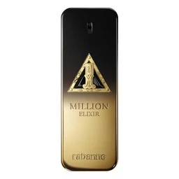 A perfume bottle for men featuring a tall, slender rectangular shape with a dual-tone gradient from black at the top to gold at the bottom. The design includes a prominent gold emblem and the text “1 Million Elixir” and “ELIXIR” along with a small “rebanne” branding at the base; the cap area is black glossy. Targeted audience appears to be men; notable attributes include metallic gold and black color scheme, pyramid emblem, and luxury fragrance branding.