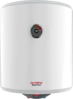 This is a compact electric water heater with a cylindrical white tank. It appears designed for home use by adults, with a simple round control dial on the front for temp adjustment and a small indicator light at the bottom. Visible attributes: white glossy finish, grey base and top edging, and a red/green temperature dial.