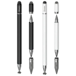 - What the product is: A Green 3-in-1 Active Stylus Pen set for tablets and phones, shown in black and white color variants with removable tips and a textured grip section.
- Apparent audience: Unisex (suitable for men and women) based on neutral black and white styling and simple pen form.
- Notable attributes: Slim aluminum-style pens with a capacitive tip and a replaceable metal nib/ink-style tip, dual-tone finishes (black or white), and a tip extension mechanism suggesting multiple functional nibs in the set. Visible sections include a textured grip, a pointed metal tip, and a separate pen-like stylus tip with a clip near the top.