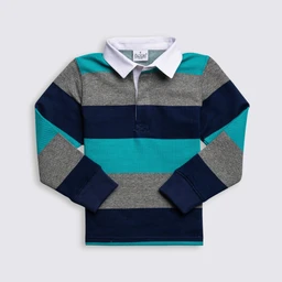 A long-sleeved rugby shirt made from heavy brushed cotton mesh with bold horizontal color blocks. The visible model is a unisex or boys’ sizing look, featuring teal, navy, grey, and white accents with a white collar and placket. Prominent attributes include thick stripes, a polo-style collar, and a rugged, soft-hand feel.