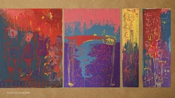 Description: A triptych abstract art piece titled “The Abstract emotions.” The image shows three connected panels with bold, layered colors—reds, purples, blues, and yellows—featuring painterly textures and drips. The piece appears to be a canvas/acrylic on wood with a natural beige backing, designed for a modern, artsy audience, likely unisex in appeal, focusing on vivid color blocks and abstract forms. Notable attributes: mixed warm and cool color palette, textural brushstrokes, and a contemporary abstract style.