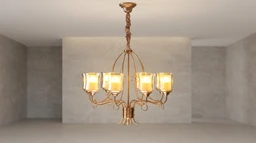 - Description: A hanging chandelier with a bronze/gold-toned metal frame and eight glass lampshades arranged around a central stem. The fixture features curved arms and ornamental detailing, suspended from a decorative chain and canopy.
- Audience and style cues: Appears designed for indoor living spaces (unisex), suitable for dining rooms or living areas with a classic or traditional decor style.
- Material, color, and notable attributes: Metal frame with a warm bronze/gold finish; eight glass lampshades that emit a soft amber light; ornate, vintage-inspired chandelier design.