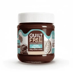 - This is a small jar of chocolate spread with a dark brown, smooth spread visible inside. The label reads “Guilt Free” and emphasizes “High Protein” and “Zero Added Sugar,” with imagery of chocolate pieces and a cocoa bean.
- Intended audience appears unisex, based on neutral packaging and styling. Notable attributes: dark chocolate-brown jar, white screw cap, turquoise and white label accents, and a focus on high-protein, guilt-free, zero added sugar formulation.