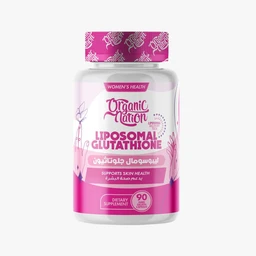- A white plastic bottle with a pink and white label containing the text “Liposomal Glutathione” and “Organic Nation” branding, cap wrapped in pink foil. The label notes “Women’s Health” and “Supports Skin Health,” with a pink color theme and a 90-capsule count.

- Target audience appears to be women, judged from the feminine color scheme and “Women’s Health” label. Notable visible attributes include a pink, purple, and white color palette, capsule bottle design, and dietary supplement styling. Material and style cues: plastic bottle, screw-top cap, printed paper label, dietary supplement branding.