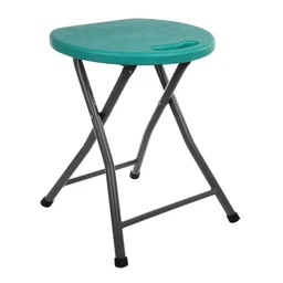 A lightweight folding stool with a round teal plastic seat and a grey metal frame. It appears designed for general use, potentially for adults or older children, with a compact, portable build and non-slip feet. Notable features include the round, solid teal seat, folding X-style leg support, and black foot caps.