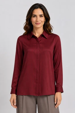 This is a long-sleeve, striped satin shirt in a rich burgundy color. It appears styled for women, featuring a classic collared neckline and a relaxed, slightly loose fit with a concealed placket. The fabric has a smooth, glossy satin finish with subtle vertical stripes for texture.