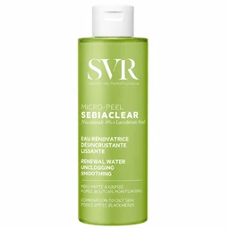 This is a green-tinted bottle of SVR Sebiaclear Micro-Peel, a facial exfoliating cleanser. It appears geared toward a unisex or general skincare audience, focusing on oily or acne-prone skin with pores and blackhead concerns. The label highlights a renewal water, unclogging, and smoothing action, with ingredients including 4% lactobionic and likely salicylic-like exfoliants. The bottle is tall, with a white flip-top cap and white text on a bright green background, suggesting a clean, clinical aesthetic.