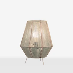 This is a table lamp with a geometric, faceted lampshade and three slender legs. It appears unisex in audience, suitable for both home and bedroom decor. Notable attributes: natural/neutral woven material in light beige with a slightly metallic sheen, angular polygonal shade, and slim metal legs.