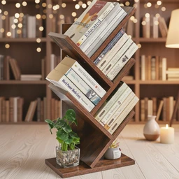 - What the product is: A wooden rotating bookrack with two angled shelves forming a zigzag stand, designed to hold books in a compact vertical display.
- Intended audience: Unisex (suitable for men and women; general home/library use).
- Notable attributes: Visible wood material with a dark brown finish, two slanted shelves arranged at an angle for easy browsing, holds standard-size books, shown with decorative plant, warm ambient library backdrop with fairy lights and candles.