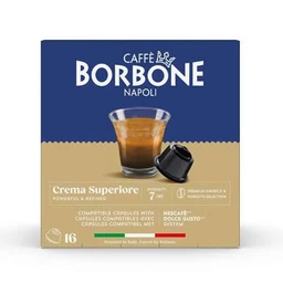 The image shows a box of Borbone Crema Superiore Dolce Gusto capsules, intended for single-serve coffee. It appears unisex in audience, with a blue and tan color scheme and a small espresso cup image on the front. Notable visible attributes include the crema-rich coffee branding, "Crema Superiore" label, and a 16-capsule quantity, along with a Dolce Gusto compatibility note.