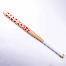 This is a wooden baseball bat with a natural wood handle wrapped in white at the bottom. It appears designed for a younger audience or casual play, judging by its size (approximately 80 cm) and simple aesthetic. Notable attributes include its light wood finish, red lettering along the barrel, and a white grip area near the handle.
