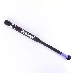 - Product: A wooden baseball bat with a black finish, around 80 cm in length, featuring white text and a graphic near the knob. The bat end has a purple protective cap.

- Audience & styling: Designed for general use or casual play (unisex appearance), with a sporty, playful graphic and bold white lettering giving a street/novelty vibe.

- Materials, color & style: Made of wood with a black coat; white printed text/logo and a purple knob at the handle end; simple, functional baseball bat silhouette with a smooth finish.