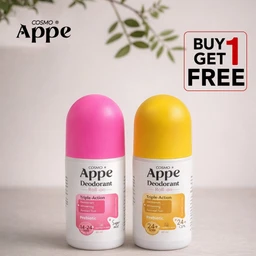 - What it is: A promo pack of roll-on deodorants featuring two small white bottles with rounded colored caps (pink and yellow) positioned side by side. A “BUY 1 GET FREE” badge is visible in the top right corner of the image.
- Intended audience: Unisex? The styling is neutral and not gender-specific, suggesting suitability for both men and women.
- Notable attributes: The visible labels indicate a roll-on format with “Deodorant” and “Triple-Action” benefits. Colors are pink and yellow on the caps, with pink and amber/orange color accents on the label blocks. The packaging is compact and travel-friendly. The background is light and minimal, with a hint of greenery.