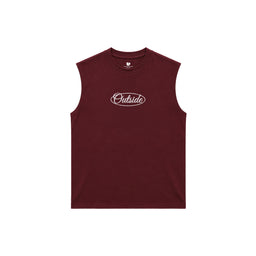 - What is shown: A sleeveless maroon/brick-red tank top with a crew neckline. It features a white oval logo with the word "Outside" centered on the chest.
- Intended audience and styling cues: Appears unisex or men’s oriented due to neutral cut and simple styling; casual, athletic, or streetwear vibe.
- Notable material and attributes: Solid knit fabric (likely cotton or a cotton-blend), sleeveless with ribbed neckline, clean minimal design, white graphic logo. No branding beyond the graphic text.
