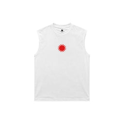 - What it is: A sleeveless white tank top with a small red sunburst graphic centered on the chest.
- Intended audience: Unisex style (sleeveless cut and neutral sizing suggest it could be worn by men, women, or non-binary individuals; model styling appears gender-neutral).
- Notable attributes: White cotton (visible fabric) with a bold red sunburst emblem; simple, minimal design with a crew neck and wide armholes. No branding visible.