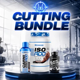 Product appears to be a “Cutting Bundle” for fitness/supplement use. Target audience seems to be adults (likely men) judging by the bold, athletic styling and packaging. Visible items include a blue-tipped bottle labeled with “CARN” or similar, a large white container labeled ISO ADD plus, and a smaller black bottle labeled Black Burn or similar, all arranged on a glossy display platform in a gym-like setting. Notable attributes: blue and white color scheme, bold blocky typography, and metallic/clear container looks; suggestive of pre-workout or fat-burner/iso protein supplements.