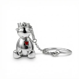 This is a silver-toned keychain featuring a small teddy bear figure wearing a crown. The bear has a red heart on its chest and sits with a simple, rounded form; a delicate chain attaches to a ring for holding keys. The overall style is cute and whimsical, with a polished metallic finish. Intended for general/unisex use, with a focus on a playful, gift-like accessory.