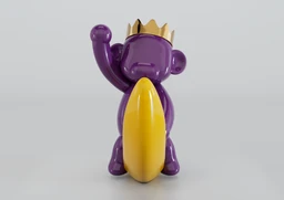 - What it is: A small, glossy, purple vinyl figure with a yellow banana core held vertically in front, and a gold crown on its head.
- Audience & styling: Appears unisex; playful, toy-like collectible with a chunky, rounded cartoon style.
- Visible attributes: Purple body, yellow banana slice/core in the front, gold crown, smooth shiny finish, simple grey background. No brand visible.