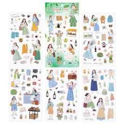 - What it is: A sheet of decorative stickers with a spring theme, featuring illustrated characters, fashion outfits, and related accessories.
- Intended audience: Women/girls, based on the feminine illustrations and pastel color palette; overall styling appears unisex-friendly for light, whimsical fashion decor.
- Notable attributes: Bright, pastel colors (greens, blues, yellows), fashion illustration style, includes outfits, accessories, plants, bottles, and small scene elements. The layout shows multiple sheets or a collage of designs on a single display. Material appears as paper sticker sheets with matte finish.