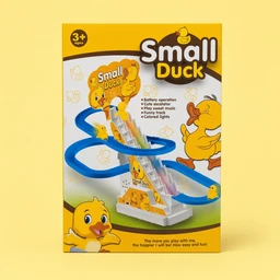 - Product: A Small Duck toy set featuring a looping track with a small yellow duck figure that moves along stairs and through a blue track.
- Intended audience: Unisex; suitable for children aged 3+.
- Visible attributes: Bright yellow duck figures, white and blue track pieces, a small multi-step staircase insert, and colorful packaging with cartoon ducks. The style is playful and toy-like, with bold graphics and a yellow-orange color scheme.