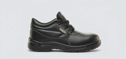 - What the product is: A black safety/industrial-looking low-cut shoe with a rugged sole and lace-up closure.
- Apparent audience: Unisex (intended for adults), based on the neutral style and sizing cues.
- Notable attributes: Black pebbled leather upper, padded collar, thick cushioned midsole with a textured tread outsole, lace-up fastening with metal eyelets, minimal branding visible on the side.