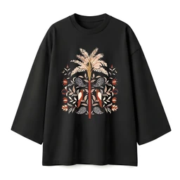 - What the product is: A black oversized short-sleeve T-shirt featuring a central graphic design of palm trees and botanical elements.
- Intended audience: Unisex or suitable for a relaxed, oversized fit; styling reads as casual streetwear rather than gender-specific.
- Notable attributes visible: Black fabric, large loose silhouette with dropped shoulders, mid-length sleeves, and a detailed multicolor botanical print centered on the chest. The artwork includes palm trees and leaf motifs in tones of beige, brown, red, and white. No branding visible.
