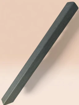 This image shows a single dark gray/charcoal rectangular wooden-like stick with beveled ends, presented diagonally against a light pink-beige background. It appears to be part of a set intended for construction or carpentry use, suggesting an audience of adults involved in DIY or framing projects. Visible attributes include a rectangular cross-section, smooth textured surface with subtle grain, and a uniform gray-black color; the Arabic title indicates a set of 10 corner/angle sticks ("10 أعواد زوايا") made of wood substitute material.