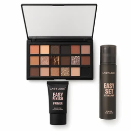 - What it is: A makeup palette with multiple neutral and warm eyeshadows, shown open to reveal 18 shades, plus two additional makeup items (primer and setting spray) placed beside it.
- Audience: Unisex-neutral but appears targeted toward women judging by palette colors and packaging.
- Notable attributes: Matte and shimmery brown, bronze, and nude tones; compact black case with a mirror; accompanying black primer tube labeled “Easy Finish” and a black setting spray bottle labeled “Easy Set.”