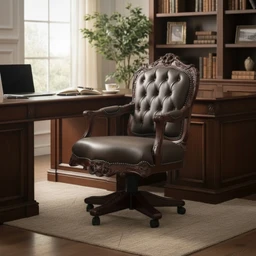 - A classic-style office chair with dark brown leather upholstery and button-tufted backrest, featuring ornate carved wooden armrests and base.
- Targeted for adults (unisex look, masculine aesthetic) suitable for a traditional office or study setting.
- Notable materials and details: rich brown leather, dark wood finish, rolled carved accents, and a five-star wheeled base for mobility.