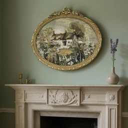 - What the product is: A decorative wall art panel (a round framed painting) hung above a classical mantel.
- Apparent audience: Unisex, suitable for home decor; style reads as traditional/vintage.
- Notable attributes: Circular ornate gold frame with an impressionist-style village scene, muted earth tones; the surrounding room features a light-colored carved stone mantel and a soft green wall, with a small vase and lavender sprig for styling.