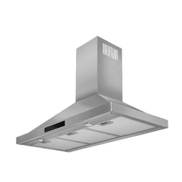 - What the product is: A wall- or ceiling-mounted range hood with a stainless steel finish and a chimney-style venting column.
- Apparent audience: Unisex (suitable for both men and women) based on neutral metal styling and modern kitchen appliance design.
- Notable attributes: Stainless steel construction, angular canopy with integrated LED lighting or panels, and a vertical exhaust chimney with vent slots. Clean, contemporary kitchen appliance look with a wide, flat hood surface and multiple ventilation slots.