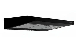 The product is a wall-mounted range hood with a black finish and a 90 cm width. It appears designed for a modern kitchen, suggesting a unisex audience with a contemporary, industrial styling. Notable visible attributes: black metal exterior, wall-munged canopy shape, and a metal mesh-like underside (likely the filter) with control buttons on the front edge.