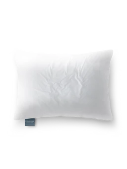 - A white microfiber pillow with a small fabric tag at the lower left edge. The pillow is rectangular and appears softly stuffed, with visible gentle wrinkles on the surface.
- Intended audience: unisex (suitable for both men and women) based on neutral color and styling.
- Notable attributes: white color, smooth microfiber material, standard rectangular pillow shape, with a blue fabric tag.