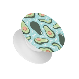 A circular popsockets grip with an avocado-themed print on the top, featuring green avocado halves with red pits on a light blue background and a white underside. Appears designed for general use (unisex) judging by the playful, graphic pattern and neutral color palette. Notable attributes include a bright avocado illustration, curved abstract shapes, and a two-part white base that attaches to a phone or device.