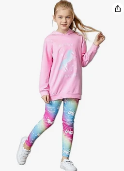 - What the product is: A two-piece girls’ outfit set consisting of a pink hoodie and multicolored unicorn-patterned leggings.
- Intended audience: Girls (child/youth), based on the model and sizing 10-11T.
- Notable attributes: Light pink hoodie with long sleeves and a hood; pastel gradient leggings in blue, purple, and pink with unicorn imagery; white sneakers shown for styling. The overall look is casual, whimsical, and kid-friendly.