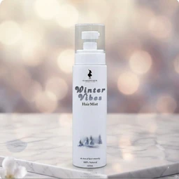- What it is: A white bottle labeled “Winter Vibes Hair Mist” with a clear pump and cap, shown on a marble surface against a blurred warm background.
- Audience and styling: Appears unisex or suitable for both men and women, framed as a hair care product for a winter vibe look.
- Notable attributes: Matte white bottle with black text, small winter scene graphic (pines) near the base, likely 200 ml, simple clean design, scent/ingredient claims implied by “Hair Mist” but no branding beyond generic logo.