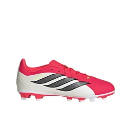 - Description: A kids’ football boot with a bright pink upper, white heel counter, and white midsole. It features black and silver three-stripe-style side markings and pink laces, with a studded outsole in pink and white.
- Audience and style cues: Designed for children (kids) with a bold, flashy colorway and sporty, lightweight cleat styling suitable for youth football.
- Materials and notable attributes: Synthetic upper in pink and white with metallic black/silver accents; molded studs on a firm-ground/multi-ground outsole for varying pitch surfaces.