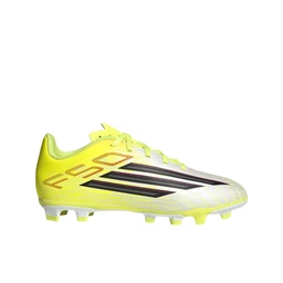 A youth football boot with a bright neon-yellow upper and sole. Designed for young players, likely boys or unisex, featuring a low-cut ankle and a lace-up closure. Visible styling includes black three-stripe-like graphics on the side and a studded firm-ground/multi-ground outsole for firm and turf play.
