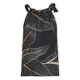 - This is a sleeveless, halter-neck women’s dress in a black base with gold-toned leaf print. 
- Visible materials appear to be a lightweight satin-like fabric with a smooth, glossy finish. The design features large botanical leaf patterns in gold on a dark background, with ties at the neck. The dress length is midi to knee-length and has a relaxed, straight silhouette.