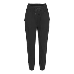 - A pair of black cargo-style jogger pants with an elastic waistband and drawstring. They feature side cargo pockets and tapered legs with cuffed hems, suitable for casual wear. The visible fabric appears to be a durable, medium-weight material in solid black. Audience: unisex or could be worn by men or women depending on fit.