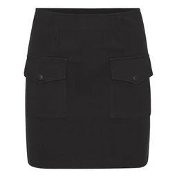 - What the product is: A short black skirt with a fitted silhouette.
- Intended audience: Women (based on overall cut and styling).
- Notable visible attributes: Solid black fabric; two front flap pockets with button closures; clean waistband; above-the-knee length; structured, slightly tailored look.