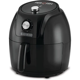Product is a compact black Air Fryer (aerofry) with a rounded, bulbous body and a front-mounted handle. It appears to be sized for home use, likely aimed at a general adult audience (unisex). Notable visible features include a silver control dial on the front, a smaller dial above, a glossy black finish, and a top lid with a knob and “AEROFRY” branding. The unit has a chunky, modern design and is primarily black with metallic accents; it conveys a sleek, appliance-style aesthetic suitable for everyday kitchen use.