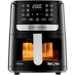 - A Black+Decker digital air fryer with a black exterior and a silver handle, featuring a front control panel and a clear viewing window for the 4.5L capacity basket. 
- Appears to be designed for adults (general/men’s or unisex audience) judging by the neutral styling and functional digital controls. 
- Notable details: glossy black finish, digital touchscreen panel with multiple preset icons, large front handle, and orange-tinted basket interior indicating infrared/air circulation heating.