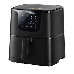 This is a Black+Decker digital air fryer with a compact, squared cube-like shape and a front-loading basket. It appears designed for a general audience (unisex) with a sleek black brushed-metal finish and a touch-control panel on the front, featuring digital time and temperature readouts. Notable visible attributes include a 6-liter capacity, a digital display, and a pull-out fry basket integrated into a single unit with a hinged top.