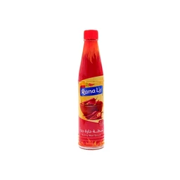 This is a tall, slim glass bottle of Rana Extra Hot sauce with a red cap and bright red-orange sauce visible through the bottle. The label features bold blue and yellow accents with an image of pepper sauce, indicating a spicy, hot flavor intended for general use. The design and color scheme suggest a bold, fiery style, with a focus on heat; no brand name beyond the generic Rana label is identifiable.