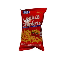 - A red bag of snack chips labeled “chiplets” with a visible image of curled potato chips and a tomato (ketchup) garnish. The packaging is predominantly red with white and blue accents and Arabic text, suggesting a ketchup-flavored corn/ potato snack.
- Intended audience: unisex (based on generic snack packaging and model-free photo; no model visible).
- Visible attributes: bright red plastic bag, bold white and blue branding, image of yellow fried chip shapes, tomato hint on the front, mentions ketchup flavor; no brand name besides generic “chiplets.”