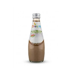 A small glass bottle of dream coconut milk drink with mocha. Appears to be a unisex target based on generic bottle design and neutral labeling; bottle is slender with a metal screw cap. The drink color is light to medium brown, suggesting a coconut-mocha flavored milk beverage in a clear glass bottle with a white label and colorful brand text.