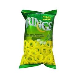 These are a bag of ring-shaped corn snacks with onion flavor. The image shows a bright green bag likely intended for a general audience (unisex) with a visible yellow circular ring snack design. Notable attributes include the ring shape, yellow color of the crisps, and green packaging with white and yellow text, suggesting onion-flavored corn rings.