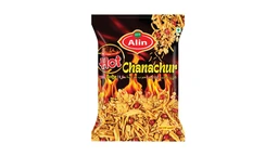 - Product: A bag of hot chanachur snack (fried crunchy mix) with flames design on packaging.
- Audience: Unisex (suitable for men and women and general snacking).
- Visible attributes: Bright black and flame-themed pouch with yellow and red text, image of fried crunchy sticks/chips on the lower portion; appears to be a packaged spicy fried snack with bold branding. Key visible materials/colors: golden-brown chips, fiery orange flames, red and yellow branding accents; no brand name beyond generic “Alin” and “Hot Chanachur.”