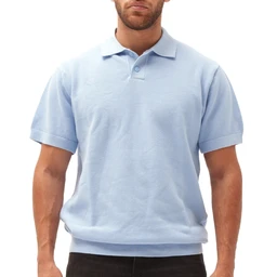 A light blue knitted polo shirt with short sleeves and a classic collar, shown on a male model. Intended audience appears to be men, judging by the fit, sleeve length, and styling. Notable attributes: soft knit fabric in pale blue, polo collar with two-button placket, relaxed yet tidy silhouette. Color, material, and style suggest a casual-smart polo suitable for casual or semi-formal wear.